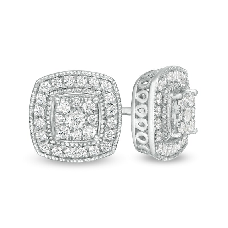 Main Image 1 of 1/2 CT. T.W. Composite Diamond Cushion Frame Vintage-Style Stud Earrings in 10K White Gold