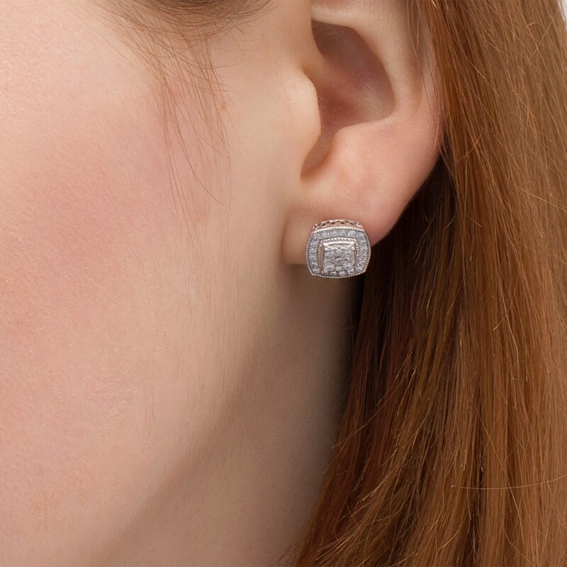 Main Image 2 of 1/2 CT. T.W. Composite Diamond Cushion Frame Vintage-Style Stud Earrings in 10K White Gold