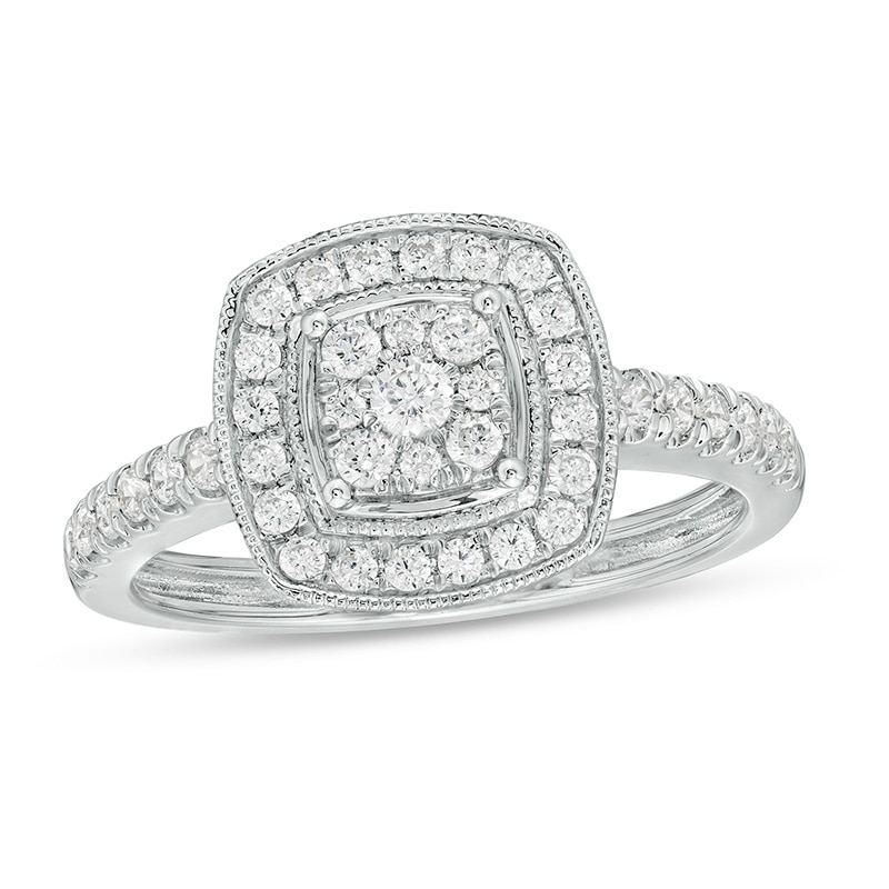 Main Image 1 of 1/2 CT. T.W. Cushion Multi-Diamond Frame Vintage-Style Ring in 10K White Gold