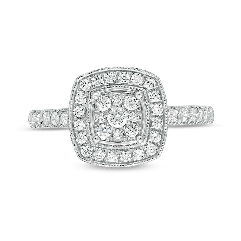 Main Image 4 of 1/2 CT. T.W. Cushion Multi-Diamond Frame Vintage-Style Ring in 10K White Gold