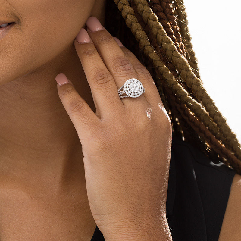 Main Image 2 of 1 CT. T.W. Composite Diamond Double Frame Split Shank Ring in 10K White Gold