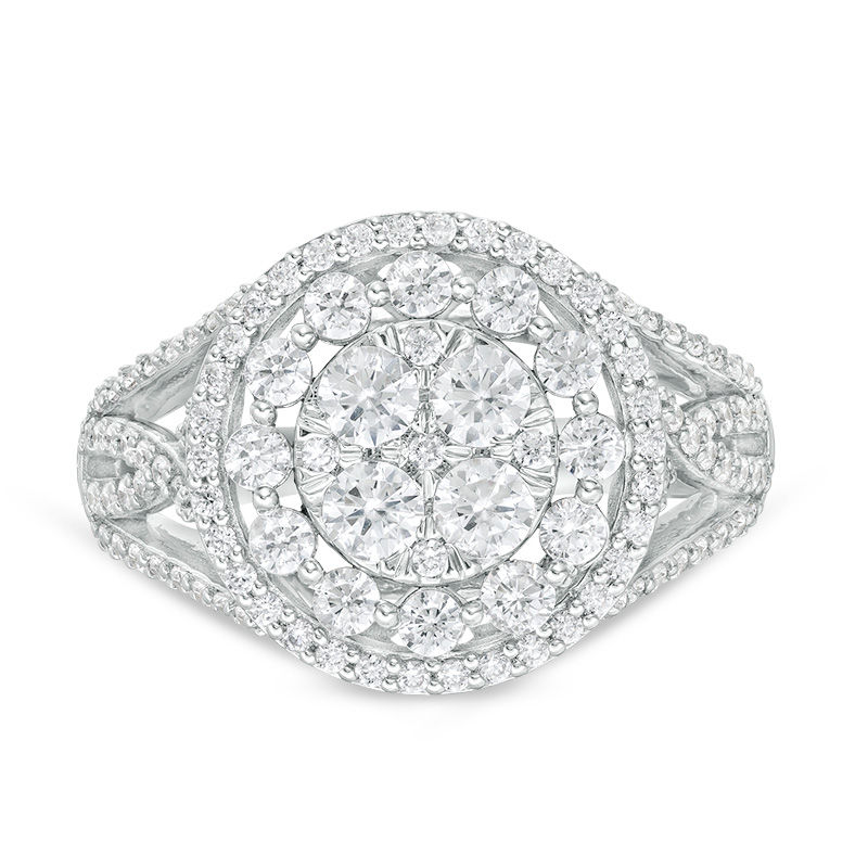 Main Image 4 of 1 CT. T.W. Composite Diamond Double Frame Split Shank Ring in 10K White Gold