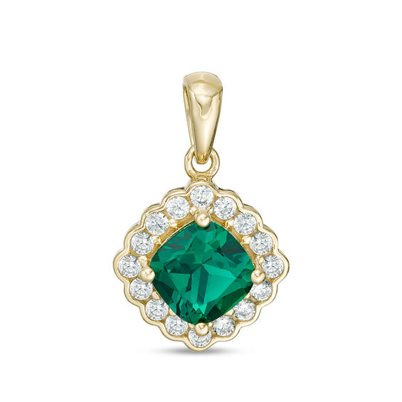 Cushion-Cut Lab-Created Emerald and White Sapphire Scallop Frame Pendant in Sterling Silver with 14K Gold Plate