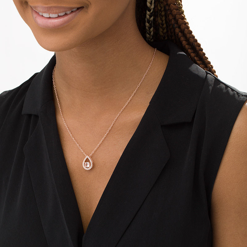 Main Image 2 of 6.0mm Morganite and White Topaz Open Teardrop Pendant in Sterling Silver with 14K Rose Gold Plate