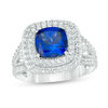 Thumbnail Image 1 of 8.0mm Cushion-Cut Lab-Created Blue and White Sapphire Double Frame Split Shank Ring in Sterling Silver