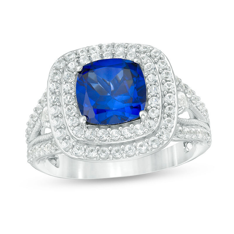 Main Image 1 of 8.0mm Cushion-Cut Lab-Created Blue and White Sapphire Double Frame Split Shank Ring in Sterling Silver