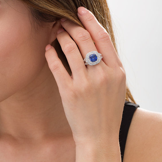 8.0mm Cushion-Cut Lab-Created Blue and White Sapphire Double Frame Split Shank Ring in Sterling Silver