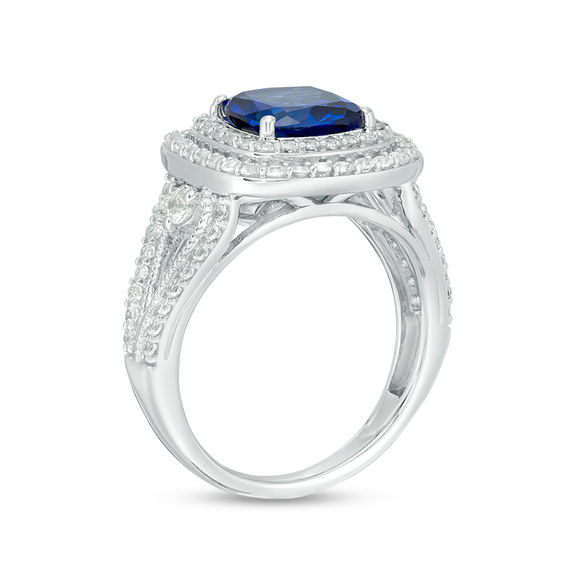 8.0mm Cushion-Cut Lab-Created Blue and White Sapphire Double Frame Split Shank Ring in Sterling Silver