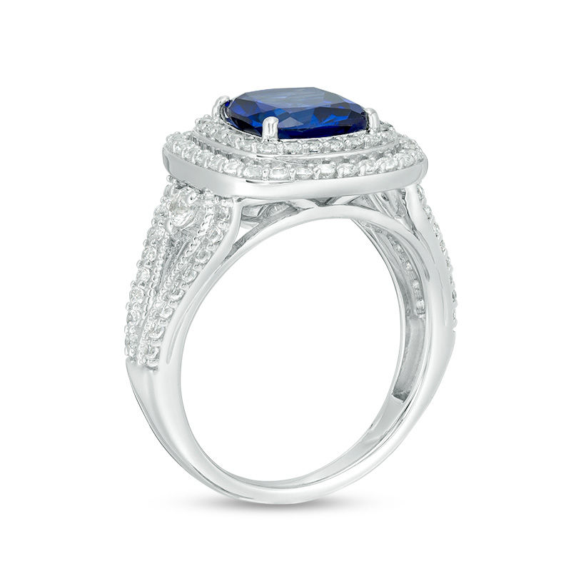 Main Image 3 of 8.0mm Cushion-Cut Lab-Created Blue and White Sapphire Double Frame Split Shank Ring in Sterling Silver