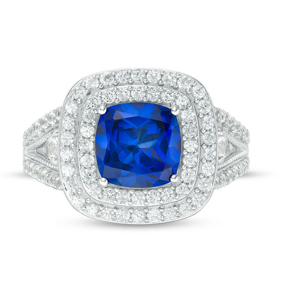 8.0mm Cushion-Cut Lab-Created Blue and White Sapphire Double Frame Split Shank Ring in Sterling Silver