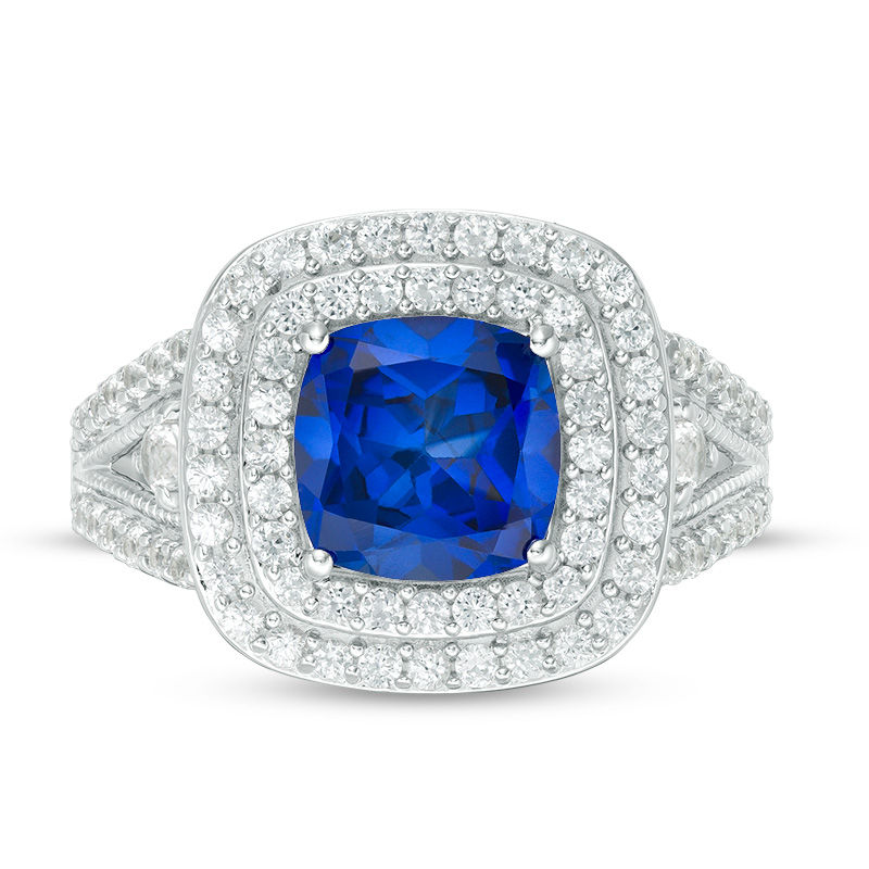 Main Image 4 of 8.0mm Cushion-Cut Lab-Created Blue and White Sapphire Double Frame Split Shank Ring in Sterling Silver