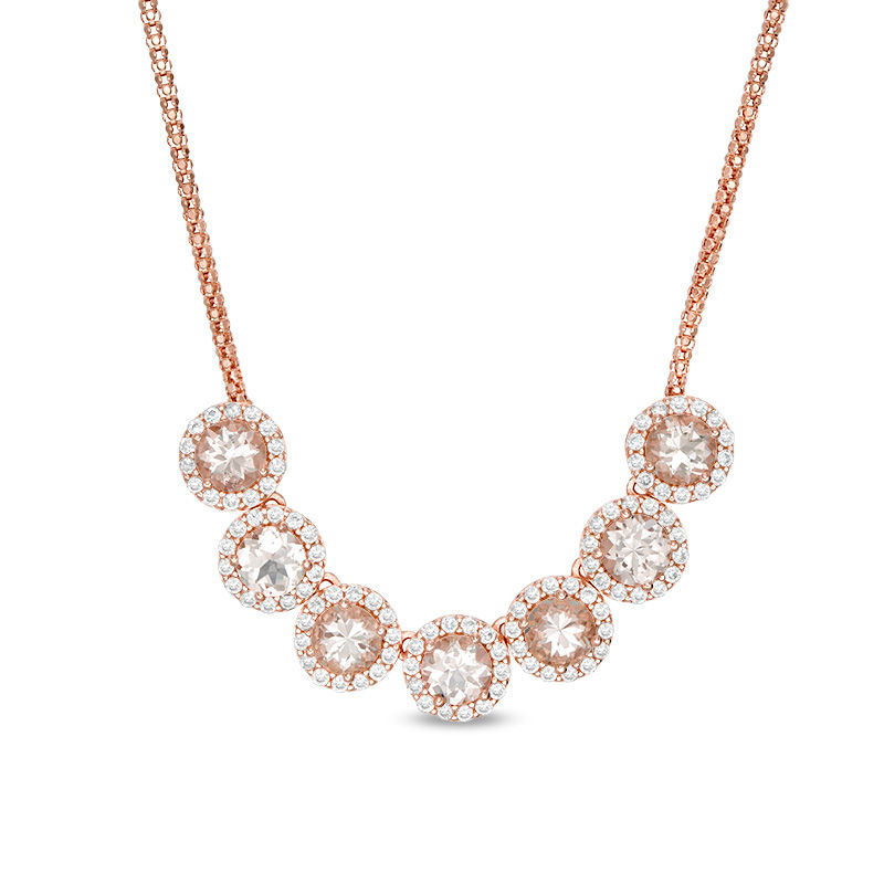 5.0mm Morganite and Lab-Created White Sapphire Frame Seven Stone Necklace in Sterling Silver with 14K Rose Gold Plate