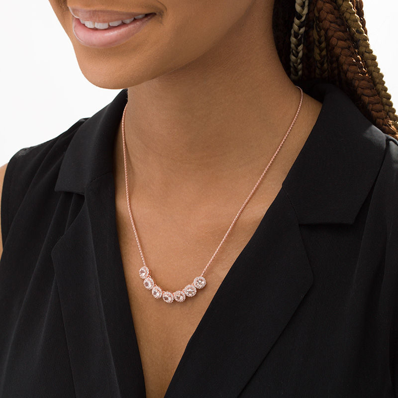 Main Image 2 of 5.0mm Morganite and Lab-Created White Sapphire Frame Seven Stone Necklace in Sterling Silver with 14K Rose Gold Plate