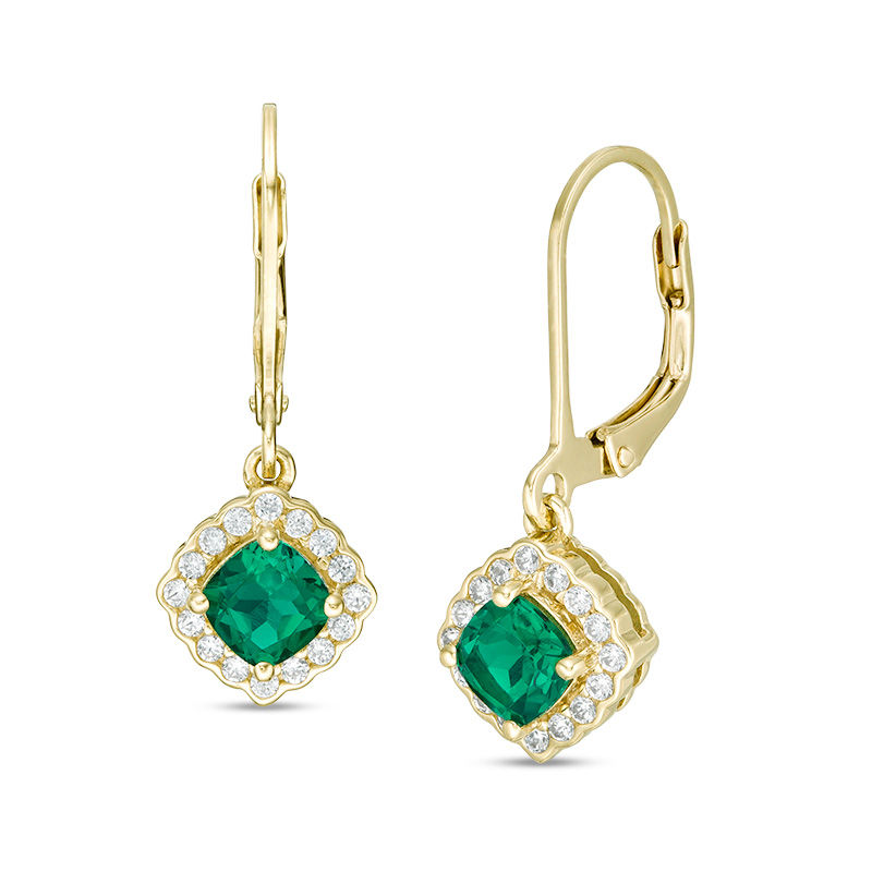 Cushion-Cut Lab-Created Emerald and White Sapphire Scallop Frame Drop Earrings in Sterling Silver with 14K Gold Plate