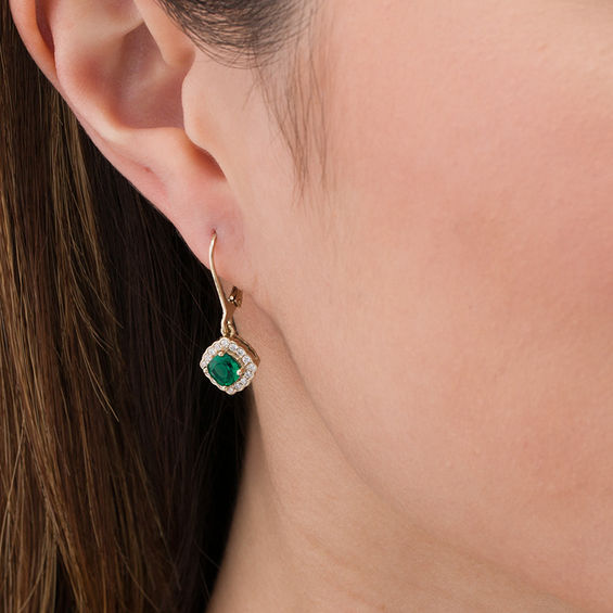 Cushion-Cut Lab-Created Emerald and White Sapphire Scallop Frame Drop Earrings in Sterling Silver with 14K Gold Plate