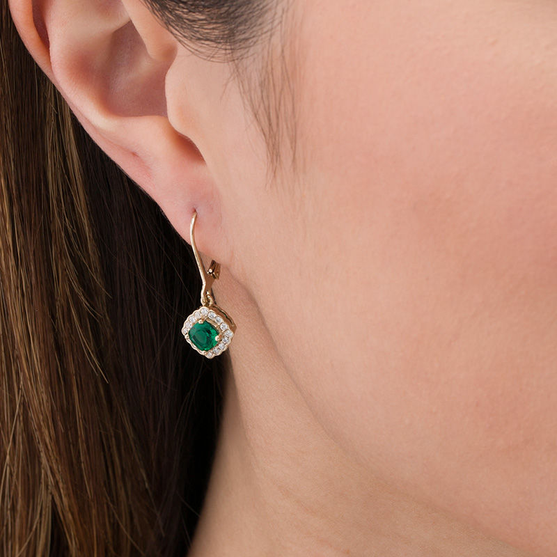 Cushion-Cut Lab-Created Emerald and White Sapphire Scallop Frame Drop Earrings in Sterling Silver with 14K Gold Plate