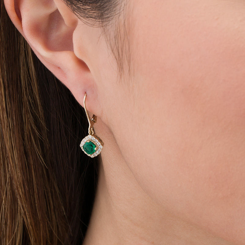 Main Image 2 of Cushion-Cut Lab-Created Emerald and White Sapphire Scallop Frame Drop Earrings in Sterling Silver with 14K Gold Plate