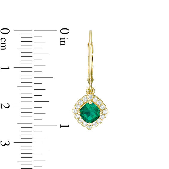 Cushion-Cut Lab-Created Emerald and White Sapphire Scallop Frame Drop Earrings in Sterling Silver with 14K Gold Plate