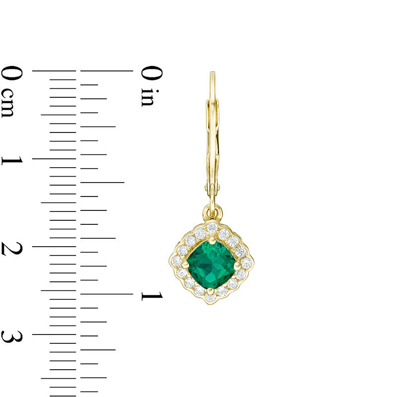 Main Image 3 of Cushion-Cut Lab-Created Emerald and White Sapphire Scallop Frame Drop Earrings in Sterling Silver with 14K Gold Plate