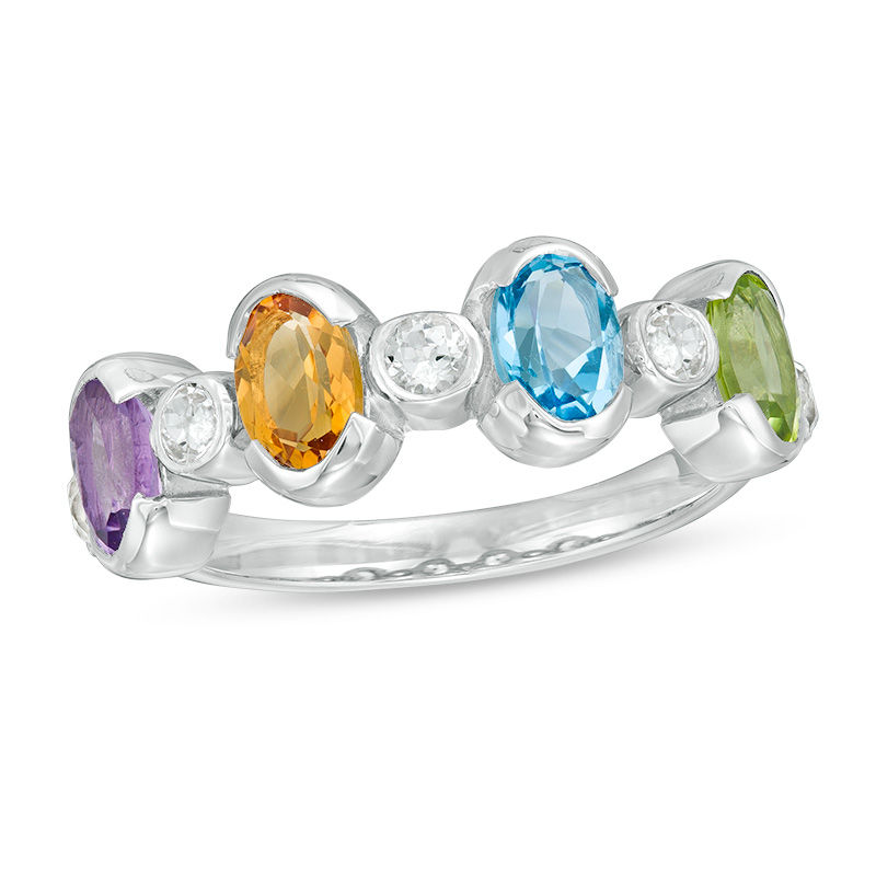 Main Image 1 of Oval Multi-Gemstone and White Topaz Alternating Four Stone Ring in Sterling Silver