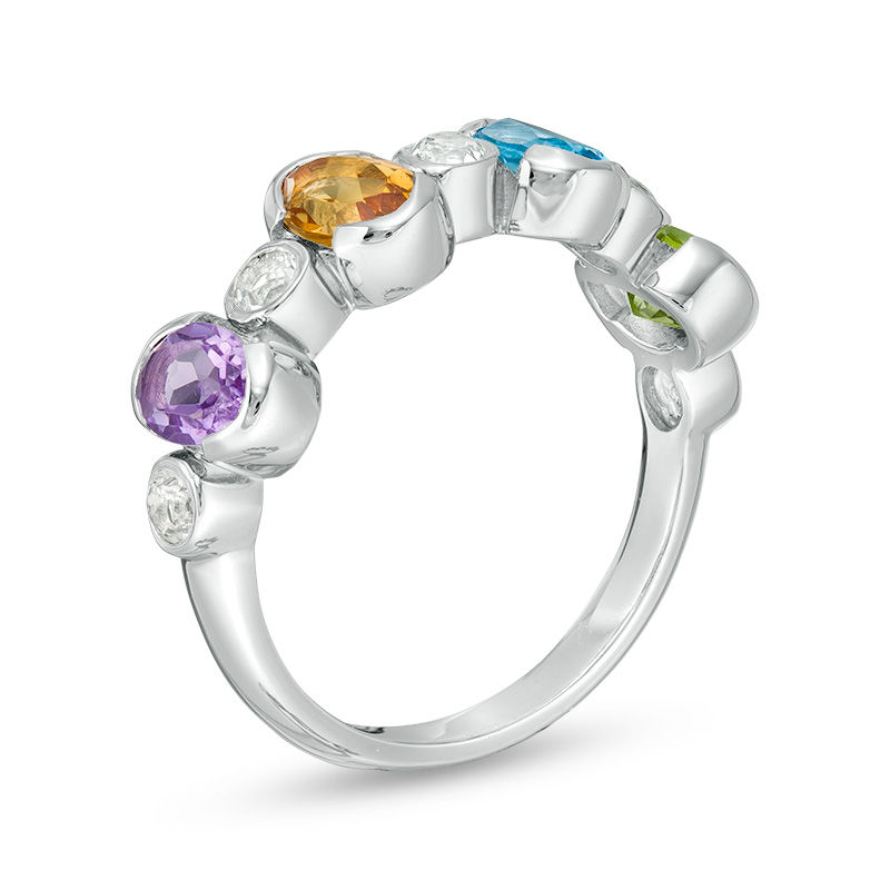Main Image 3 of Oval Multi-Gemstone and White Topaz Alternating Four Stone Ring in Sterling Silver