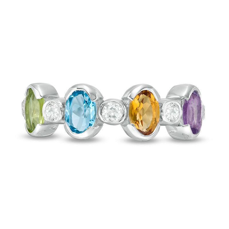Main Image 4 of Oval Multi-Gemstone and White Topaz Alternating Four Stone Ring in Sterling Silver