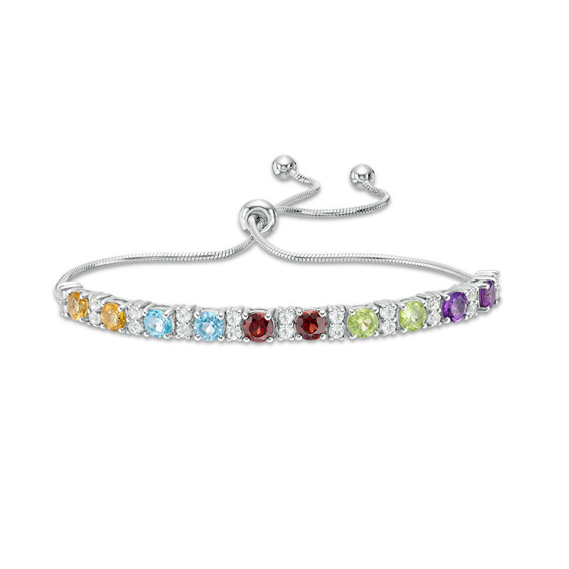 Main Image 1 of 4.0mm Multi-Gemstone and White Topaz Alternating Bolo Bracelet in Sterling SIlver - 10.5"