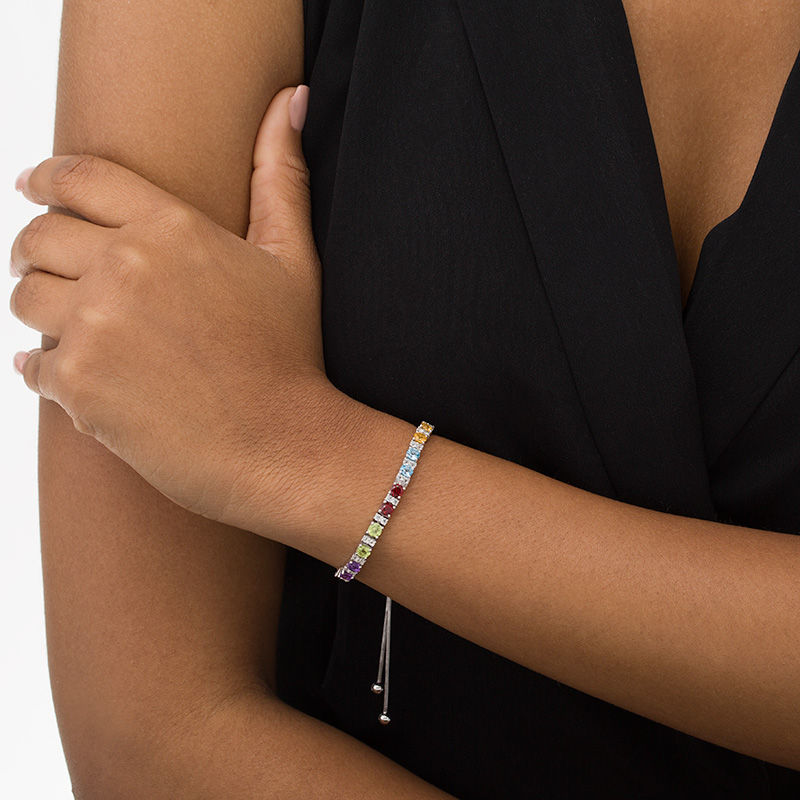 Main Image 2 of 4.0mm Multi-Gemstone and White Topaz Alternating Bolo Bracelet in Sterling SIlver - 10.5"