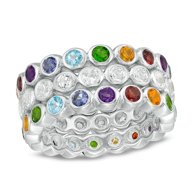Multi-Gemstone and White Topaz Three PIece Stackable Ring Set in Sterling Silver - Size 7