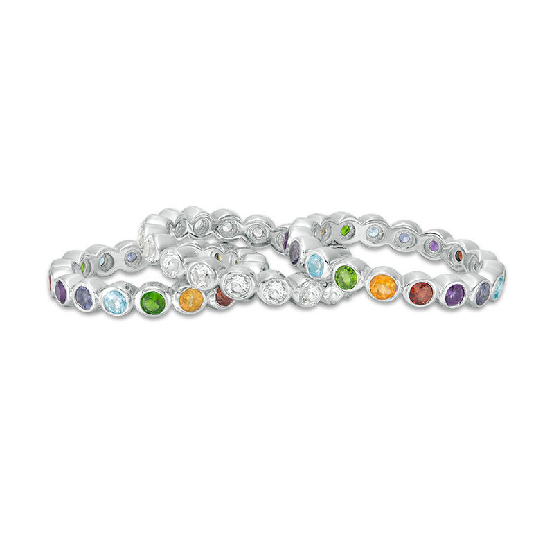 Main Image 4 of Multi-Gemstone and White Topaz Three PIece Stackable Ring Set in Sterling Silver - Size 7