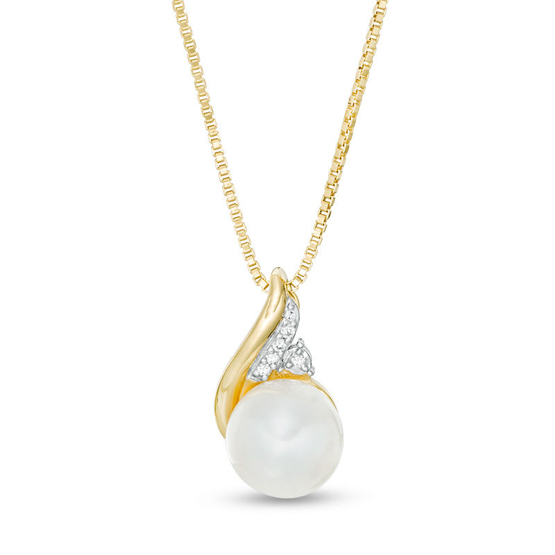 Main Image 1 of 7.0mm Freshwater Cultured Pearl and Diamond Accent Flame Pendant in 10K Gold
