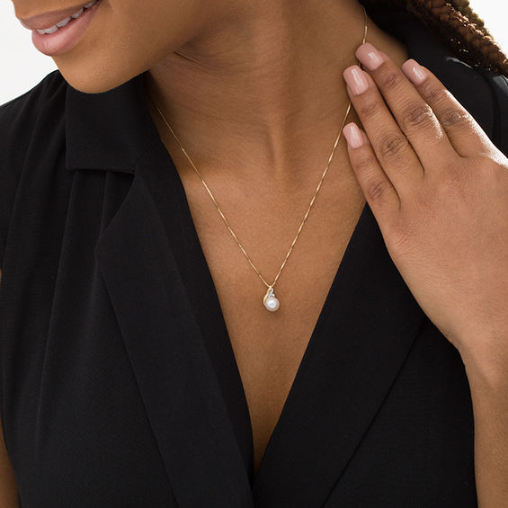 7.0mm Freshwater Cultured Pearl and Diamond Accent Flame Pendant in 10K Gold