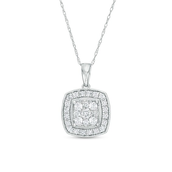 1/2 CT. T.w. Cushion-Shaped Multi-Diamond Frame Vintage-Style Pendant in 10K White Gold