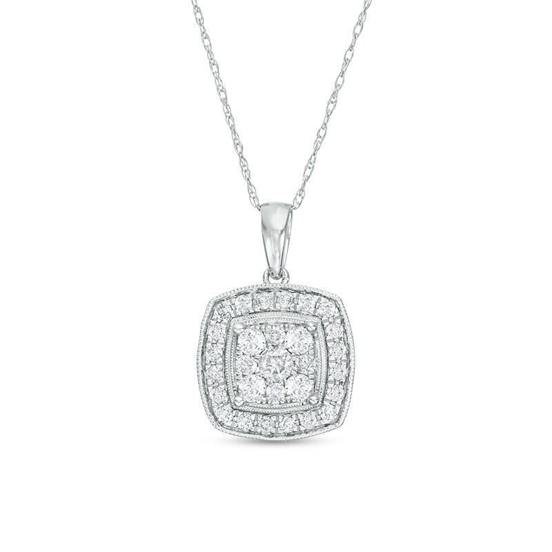 Main Image 1 of 1/2 CT. T.W. Cushion-Shaped Multi-Diamond Frame Vintage-Style Pendant in 10K White Gold