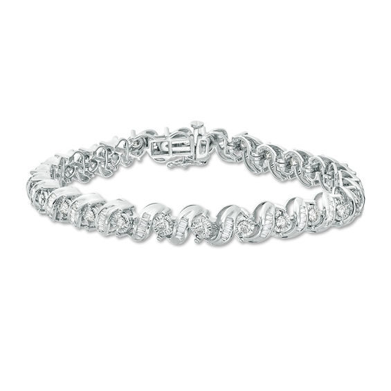 3 CT. T.w. Baguette and Round Diamond "S" Bracelet in 10K White Gold