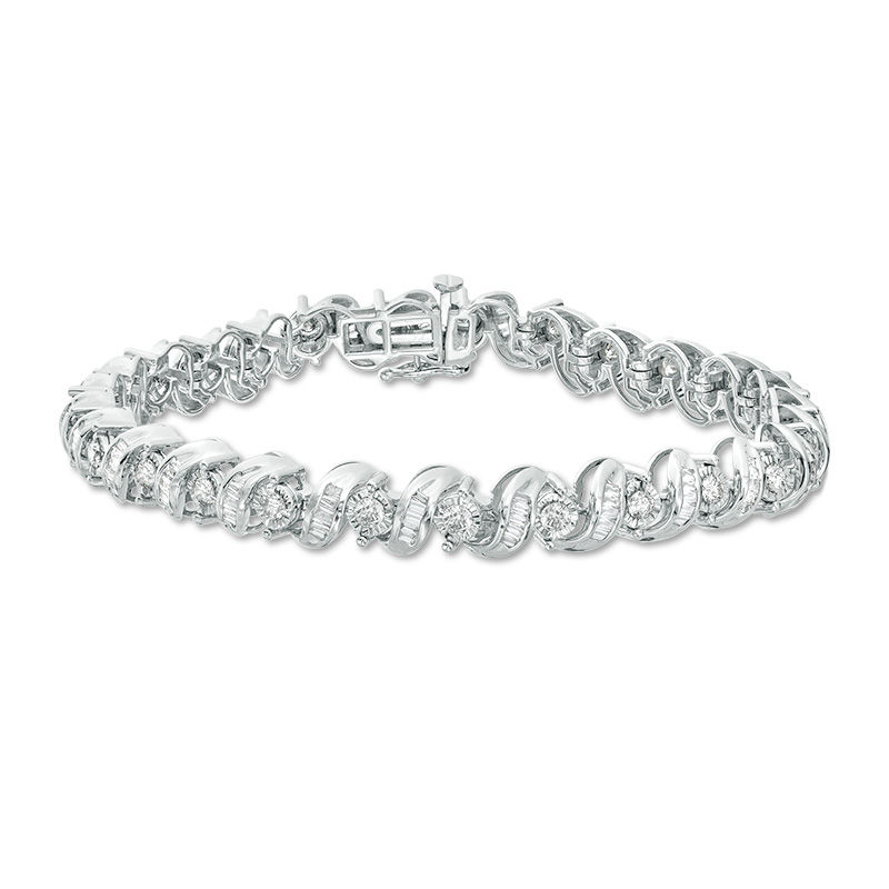 Main Image 1 of 3 CT. T.W. Baguette and Round Diamond &quot;S&quot; Bracelet in 10K White Gold