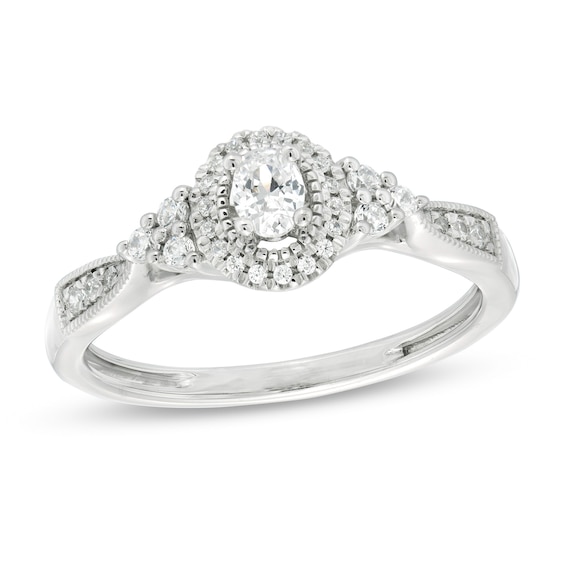 1/3 CT. T.w. Oval Diamond Frame Tri-Sides Vintage-Style Engagement Ring in 10K White Gold