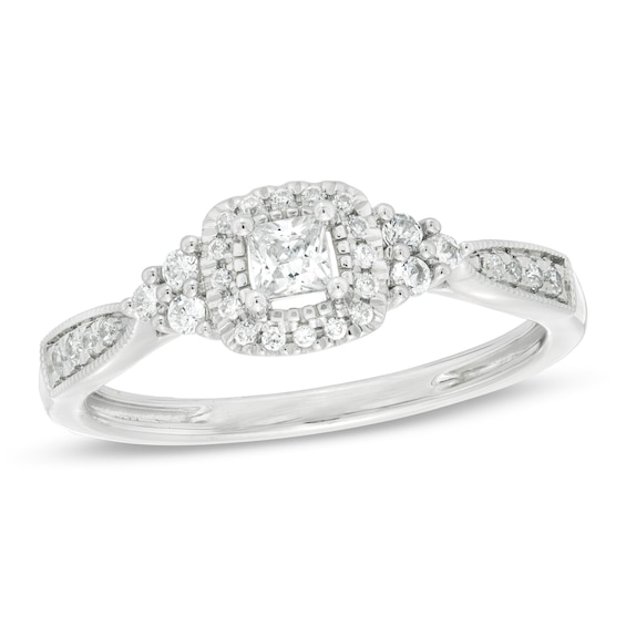 1/3 CT. T.w. Princess-Cut Diamond Frame Tri-Sides Vintage-Style Engagement Ring in 10K White Gold