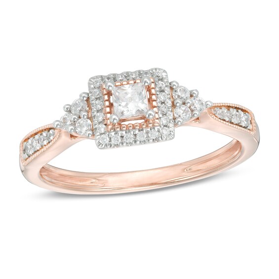 1/3 CT. T.W. Princess-Cut Diamond Frame Tri-Sides Vintage-Style Engagement Ring in 10K Rose Gold 1/3 CT. T.W. Princess-Cut Diamond Frame Tri-Sides Vintage-Style Engagement Ring in 10K Rose Gold