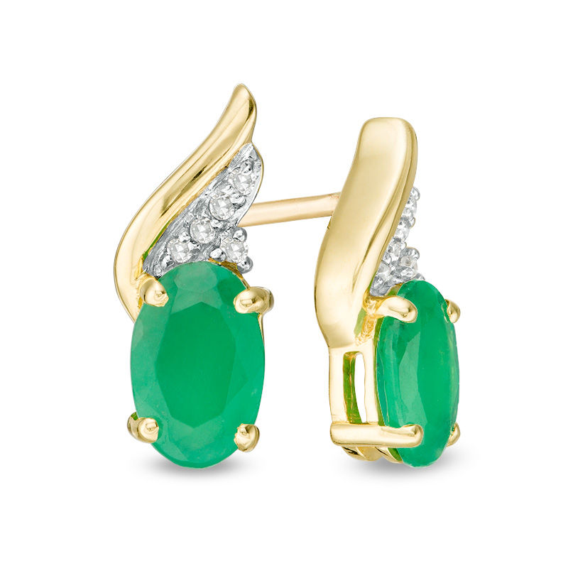 Main Image 1 of Oval Emerald and Diamond Accent Flame Drop Earrings in 10K Gold