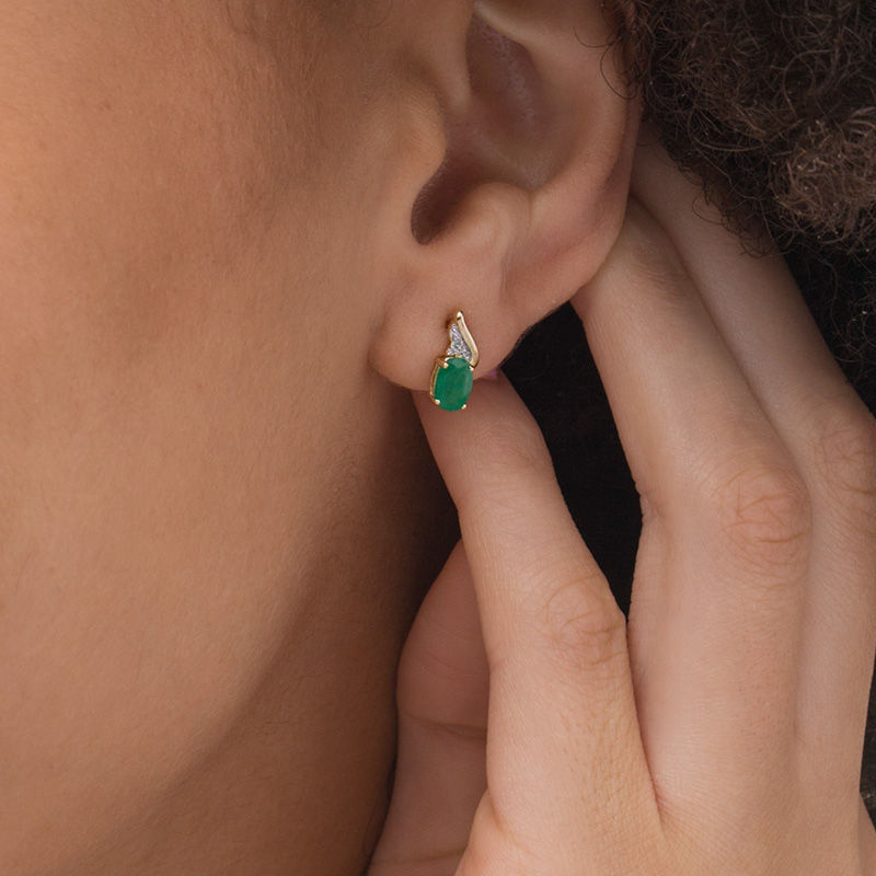 Main Image 2 of Oval Emerald and Diamond Accent Flame Drop Earrings in 10K Gold