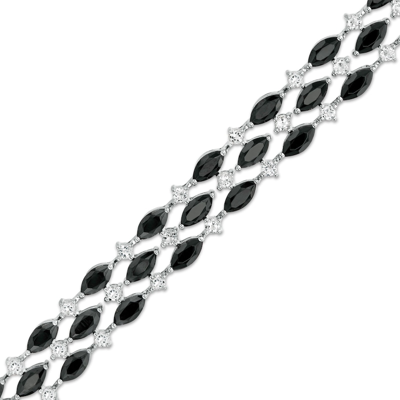 Main Image 1 of Marquise Black Spinel and White Sapphire Alternating Triple Row Bracelet in Sterling Silver - 7.5"
