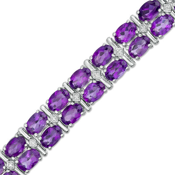 Oval Amethyst and Diamond Accent Double Row Bracelet in Sterling Silver - 7.25"