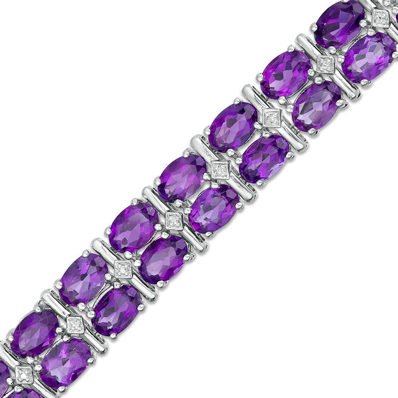 Main Image 1 of Oval Amethyst and Diamond Accent Double Row Bracelet in Sterling Silver - 7.25"