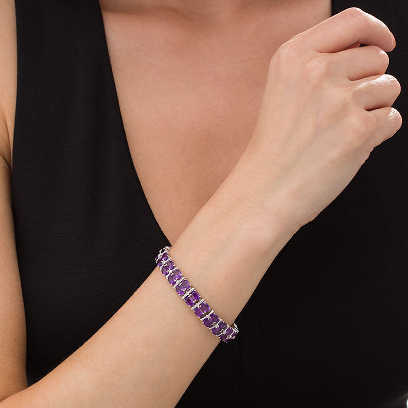 Main Image 2 of Oval Amethyst and Diamond Accent Double Row Bracelet in Sterling Silver - 7.25"