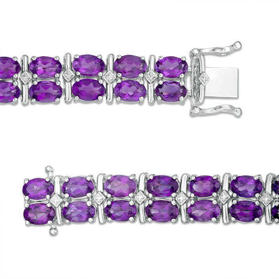 Oval Amethyst and Diamond Accent Double Row Bracelet in Sterling Silver - 7.25"