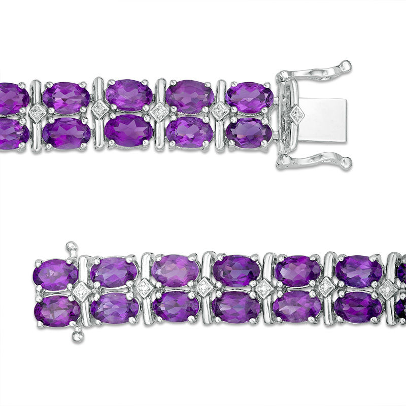 Main Image 3 of Oval Amethyst and Diamond Accent Double Row Bracelet in Sterling Silver - 7.25"