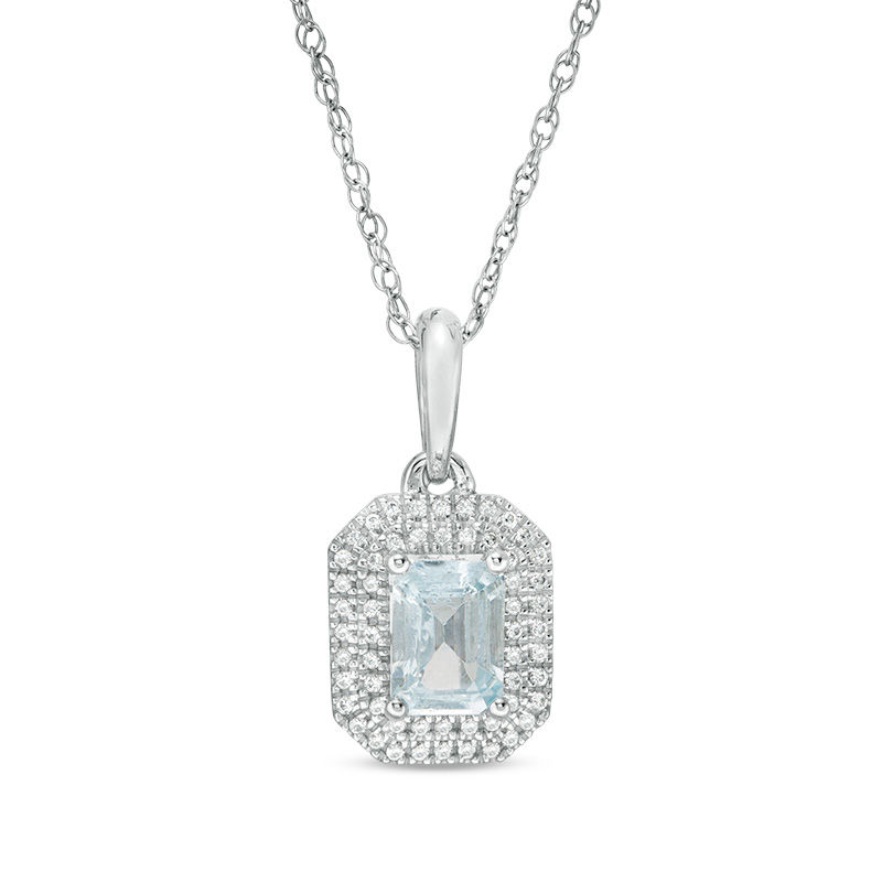 Main Image 1 of Emerald-Cut Aquamarine and 1/5 CT. T.W. Diamond Double Octagon Frame Drop Pendant in 10K White Gold
