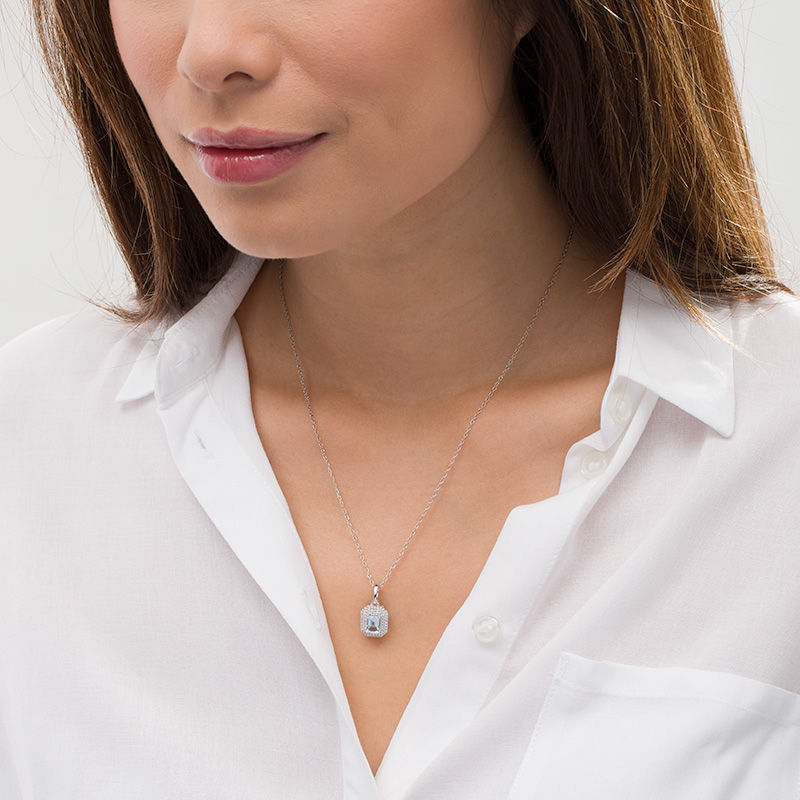 Main Image 2 of Emerald-Cut Aquamarine and 1/5 CT. T.W. Diamond Double Octagon Frame Drop Pendant in 10K White Gold
