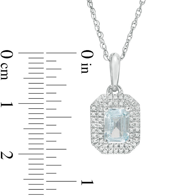 Main Image 3 of Emerald-Cut Aquamarine and 1/5 CT. T.W. Diamond Double Octagon Frame Drop Pendant in 10K White Gold